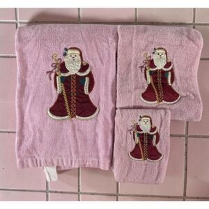 Vintage Pink Christmas Santa Bath Towel Set Holiday Bathroom Decor Hand Towel